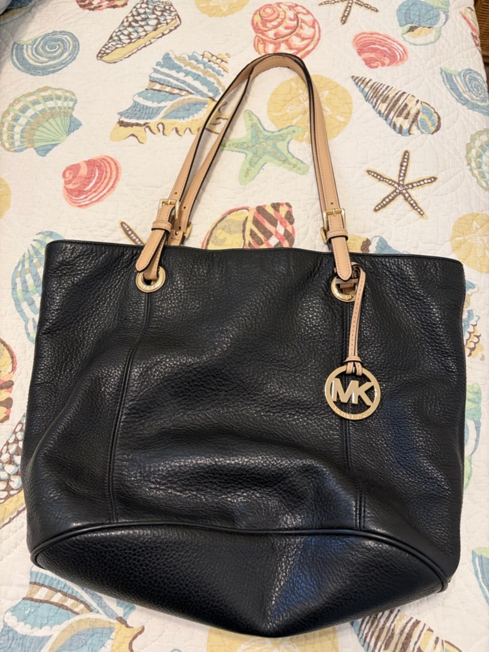 Michael Kors Black Pebbled Leather Tote with Tan Straps